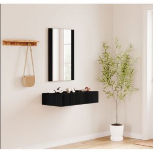 Muebles Bonitos - Meuble d'entrée cannelé 1 Tiroir avec Miroir Vestiaire Finition en couleur Noir Mate Modèle Amira