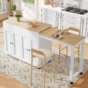 Table bar avec table extensible sur roulettes et grand espace de rangement &ndash; Blanc