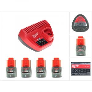 Milwaukee Kit de démarrage 12 V avec 4x batterie 2,0 Ah + kit chargeur M12 C12C