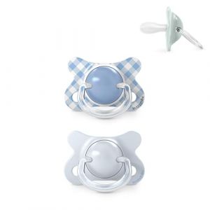 Suavinex Lot 2 Sucettes Nouveau-n&eacute;s et Tr&egrave;s Petits B&eacute;b&eacute;s, Taille Sp&eacute;ciale Mini -2/2 Mois, T&eacute;tine Sym&eacute;trique Silicone SX Pro, Plate, R&eacute;versible, Respecte le D&eacute;veloppement Buccodentaire, Bleu