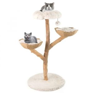 Arbre À Chat Multi-Niveaux 122 Cm Costway, Branches En Bois Massif, Perchoir, 2 Paniers En Rotin, Griffoir En Jute, Boule Suspendue
