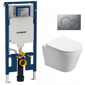Geberit Pack WC Bati-support extra-plat + Cuvette Swiss Aqua Technologies sans bride fixations invisibles + Plaque