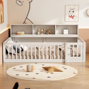 Lit simple 90x200cm - lit enfnat, côté lit avec rangement et sommier à lattes, avec barre de clôture - bois de pin blanc