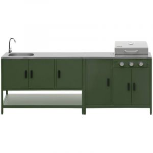Cuisine ext&eacute;rieure Naxos 2 modules acier inoxydable vert barbecue gaz 3 br&ucirc;leurs avec &eacute;vier