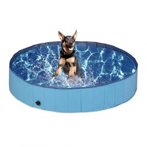 Relaxdays Piscine pour Chien, avec Valve, Pliable, 30 x 160 cm, pour rafraîchir Votre Animal, PVC & MDF, Bleu