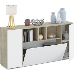 Image de Pegane Buffet meuble de rangement avec 3 portes coloris chêne alaska - blanc artic - Longueur 150 x Hauteur 76 x Profondeur 41 cm