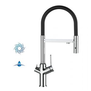 Robinet De Cuisine 4 Voies Mitigeur Chromé Bec Noir Orientable Et Douchette 2 Jets Détachable - À Utiliser Avec Les Filtres À Eau Et Gazéification