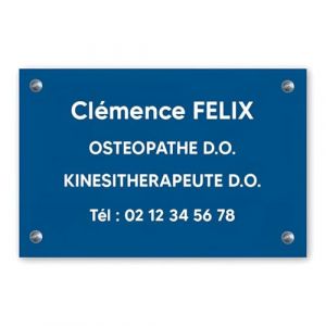 Plaque professionnelle personnalisée en pvc pour ostéopathe, kiné - Gravure sur 1 à 5 lignes - Format 30 x 20 cm - Bleue lettres blanches