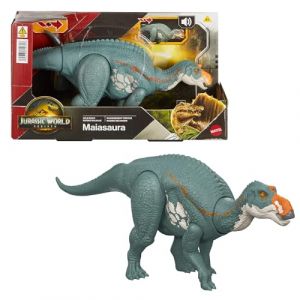 Mattel Jurassic World: Renaissance, Maiasaura Figurine de dinosaure articulée, jouet avec morsure commandée à partir de la queue, attaque dans toutes les directions, rugissement féroce, jeu virtuel, JGC82