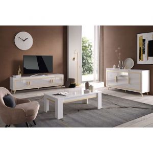 Ensemble Salon Blanc Décor Doré Meuble TV + Buffet avec Leds + Table Basse - JEMMA - ALTOBUY