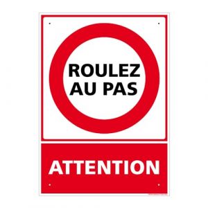 Panneau de signalisation prépercé PVC ou ALU rectangulaire + kit de fixation - Attention, Roulez au pas - ALU 2 mm - 210 x 300 mm