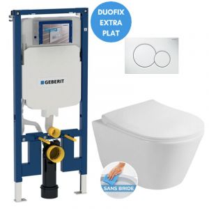 Image de Geberit Pack WC b&acirc;ti-support UP720 extra-plat + WC sans bride Lucco Avva, fixations invisibles + Plaque blanche (SLIM-Avva-B)
