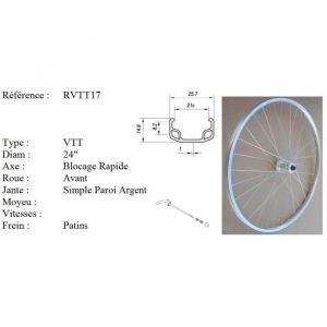 Roue 24 vtt avant jante alu simple paroi argent frein patin moyeu alu blocage rapide