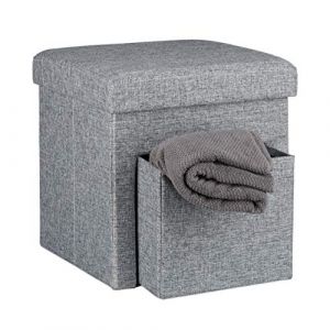 Relaxdays Tabouret de rangement carré pliant en lin avec couvercle compartiment pouf de stockage cube pliable avec tiroir repose-pieds HxlxP: 38 x 38 x 38 cm, gris