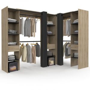 Idmarket Dressing extensible d'angle marlon 230 x 140 x 180 cm cm hêtre avec penderies + étagères + rideaux noirs