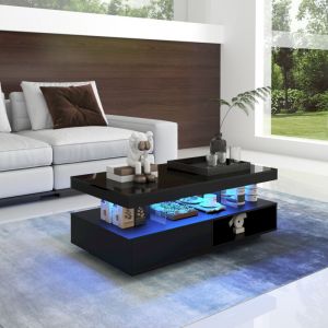 Wishdor - Table basse noire brillance avec 4 plateaux en acrylique, 2 tiroirs et 2 compartiments ouverts
