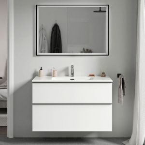 Bernstein Meuble de salle de bain suspendu bois laqu&eacute;, meuble vasque 2 tiroirs soft-close - Garantie 5 ans - 64x101x47cm - lavoa -Blanc mat, Blanc brillant,