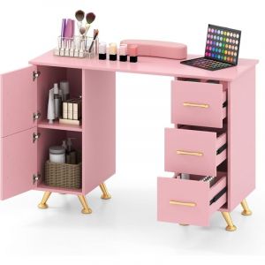 Costway - Table de Manucure Professionnelle avec 2 Armoires 3 Tiroirs, Station de Technicienne en Ongles avec Repose-Poignet Pieds en Métal, pour