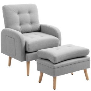 Homcom Fauteuil et repose-pieds design nordique grand confort piètement bois tissu effet lin aspect capitonné gris clair