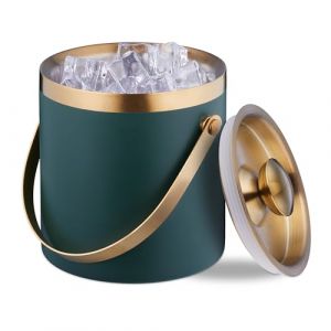 Relaxdays Seau à Glace, Acier Inoxydable, à Double paroi, avec Couvercle et Anse, 1,5 L, Contenant glaçons, Vert - doré