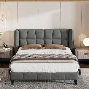 Lit capitonn&eacute; double 140x200cm en velours avec sommier &agrave; lattes et t&ecirc;te de lit Lit ado Montage facile Style contemporain Gris