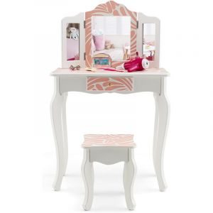 Costway - 2 en 1 Coiffeuse Enfants Fille avec Miroir Amovible à 3 Volets & Tabouret, Table de Maquillage avec Tiroir & Dispositif Anti-Basculement,