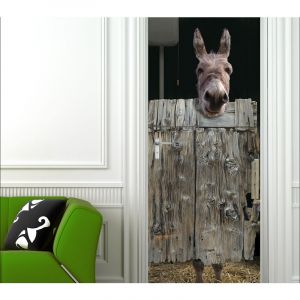 Plage Sticker porte, trompe l'oeil, porte en bois,âne dans un étable, avec de la paille, 204 cm X 73 cm