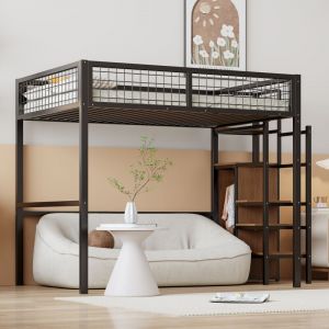 Lit mezzanine enfant 140x200 cm avec structure en fer - avec échelle de rangement et une penderie - Noir