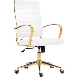D&eacute;coshop26 Fauteuil de bureau design chic dossier ergonomique en similicuir blanc cadre m&eacute;tal dor&eacute; BUR10710