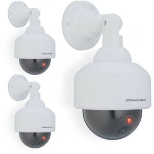 Relaxdays Fausse cam&eacute;ra de surveillance en d&ocirc;me, lot de 3, lumi&egrave;re led clignotante, dissuade intrus, int&eacute;rieur/ext&eacute;rieur, blanche