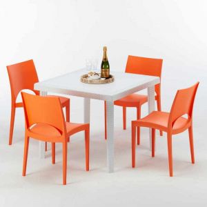 Grand Soleil Table Carr&eacute;e Blanche 90x90cm Avec 4 Chaises Color&eacute;es Set Ext&eacute;rieur Bar Caf&eacute; PARIS LOVE | Orange