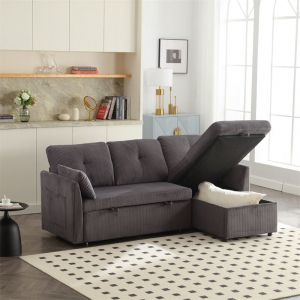 Canapé 3-4 places, canapé convertible multifonction, canapé modulable en L, 206x130x66-88cm, en velours gris foncé