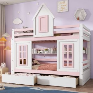 Lit superposé 90x200cm - 2 tiroirs à roulettes et étagères ouvertes - en bois de pin et MDF - Rose