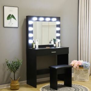 Coiffeuse table de maquillage noire avec tabouret miroir &agrave; LED Gaia Black