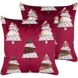 Beliani Lot de 2 Coussins Décoratifs en Velours à Motif de Sapin de Noël Rouge Goldspruce