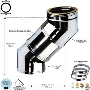 Edilinox - Ensemble d&eacute;voiement 2 x coudes 45 degr&eacute;s + 1 x 25 cm conduit double paroi isol&eacute; Ediliso25 Diam&egrave;tre 150