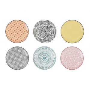 Visiodirect Lot de 18 assiettes plates ERES rondes, plat de service &agrave; p&acirc;tes, salades et desserts en porcelaine multicolore - diam&egrave;tre 20 x hauteur 2,5 cm -