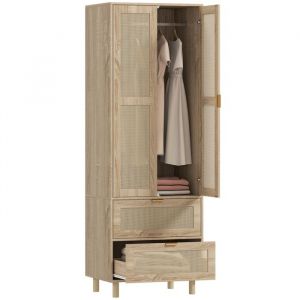 Homcom Armoire penderie - 2 portes en rotin, 2 tiroirs et barre de suspension - panneau de particules - 63x47x185cm - bois naturel