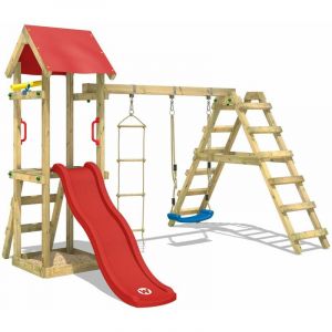 Wickey Aire de jeux Portique bois TinyLoft avec balançoire et toboggan rouge Échafaudage grimpant avec bac à sable, mur d'escalade