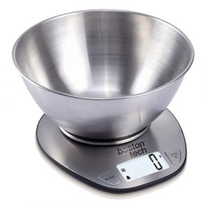 Boston Tech Balance de Cuisine Numérique avec Bol Amovible - Acier Inoxydable, Haute Précision, Étanche, Capacité 5kg, Écran LCD, Fonction Tare, Livre de Recettes Inclus