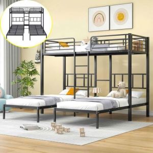 Lit superpos&eacute; triple 3x90x200cm en m&eacute;tal noir, avec table, &eacute;chelle et t&ecirc;te de lit, pour enfant ou adolescent