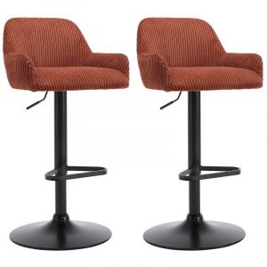 Lot de 2 tabourets en velours c&ocirc;tel&eacute; et m&eacute;tal noir - Hauteur r&eacute;glable - Terracotta - LILIYA