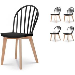 Kosmi Lot de 4 chaises de salle à manger EMY noires avec pieds en bois