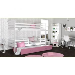 Lit Superposé 3 Places Milo 90x190 Blanc - rose Livré avec sommiers, tiroir et matelas en mousse de 7cm - Blanc - rose