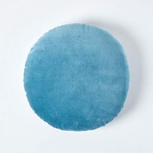 HOMESCAPES Coussin Rond 40 cm en Velours Pur Coton Doux uni Bleu, décoration canapé ou Fauteuil