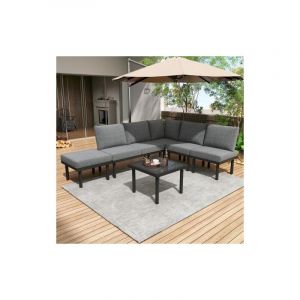 Ensemble de salon de jardin avec canapé, table et coussins, corde tressée, pieds réglables, plateau en verre lisse, gris