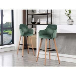 Tabouret de bar en velours et pieds bois de hêtre - Vert foncé - ELEANA