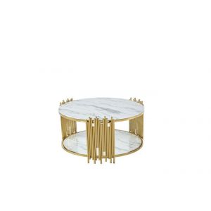 Table Basse ronde STICK Gold verre effet Marbre Blanc D90 H45 cm