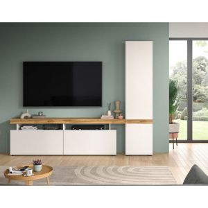 Bestmobilier - Olivier - meuble tv avec armoire - 3 portes - blanc et effet bois - 235x190 cm