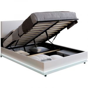 Idmarket Lit coffre double OWEN avec sommier et LED intégrées 140 x 190 cm PVC blanc
